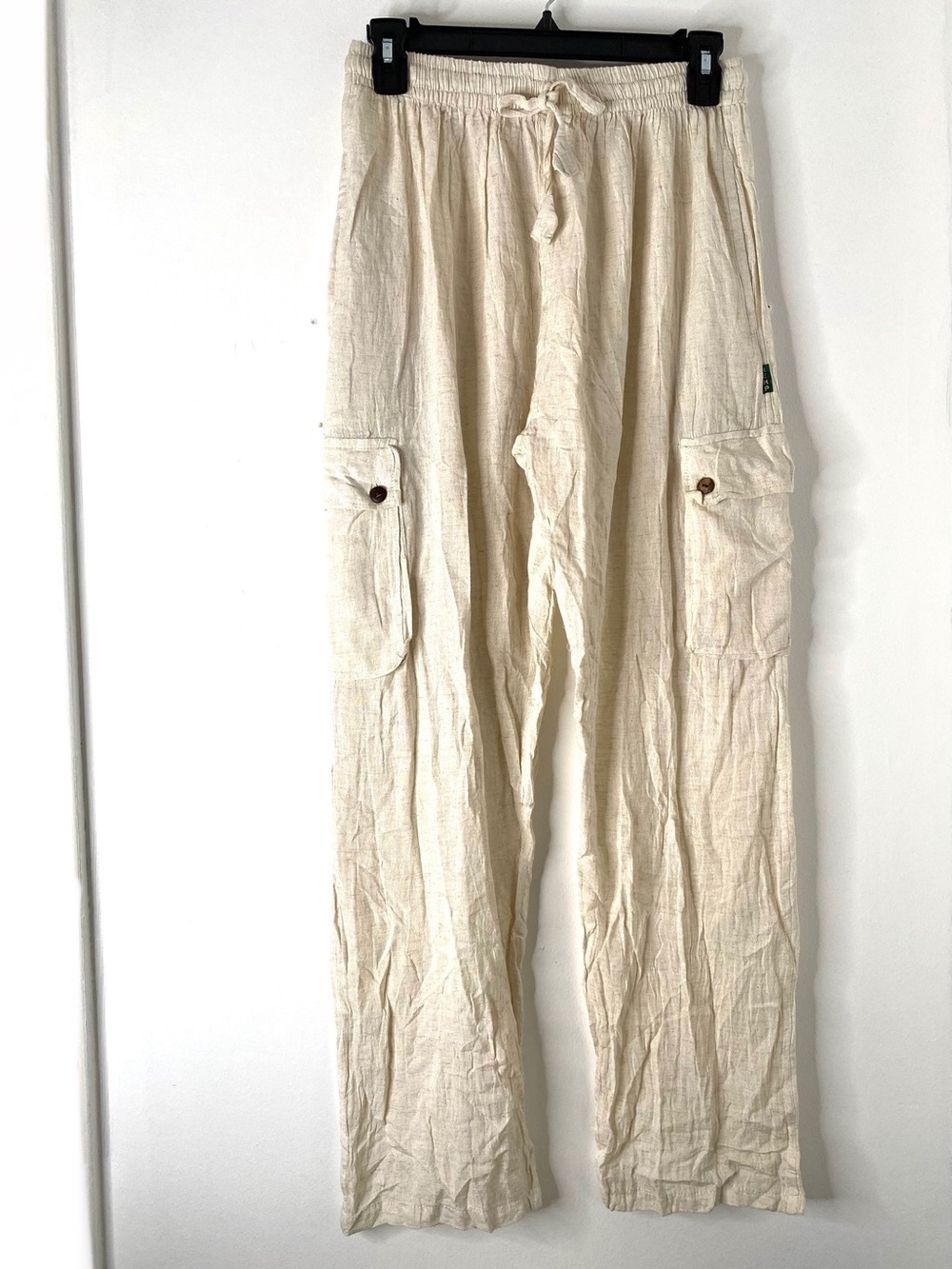 100% Hemp Cream Beige Cargo Utility Pants Handmade Nepal Elastic Waist Boho